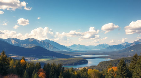 Beautiful autumn landscape with lake and mountains. Panoramic view.の写真素材