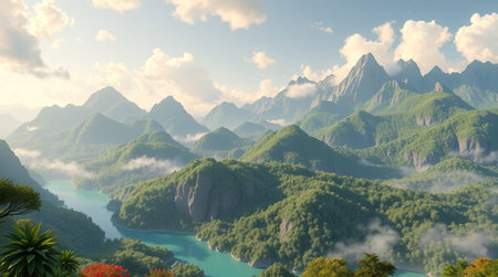 Beautiful landscape with mountains and lake in the morning. 3d renderingの写真素材