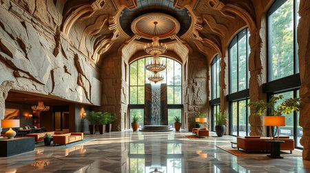 3D CG rendering of Modern building hallway with columns and archesの写真素材