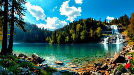 Beautiful mountain lake with crystal clear turquoise water and white clouds on the blue sky
