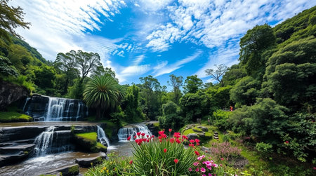 Beautiful waterfall in the botanic garden