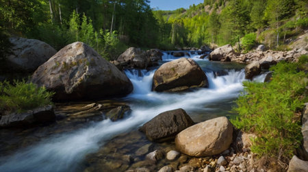 Long exposure of a mountain river flowing through the forest on a sunny summer day