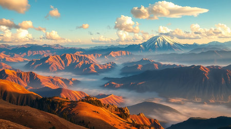 Panoramic view of the Caucasus mountains in fog at sunrise.の写真素材