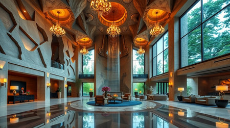 Luxury hotel lobby interior with wooden ceiling and glass walls.