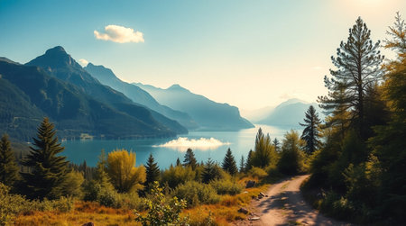 Autumn landscape with mountains, lake and forest in the background.