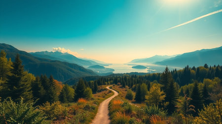 Mountain landscape with autumn forest and road in sunny day. Nature background.の写真素材