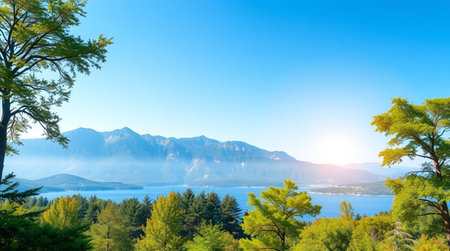 Panoramic view of Lake Garda at sunrise, Italy.の写真素材