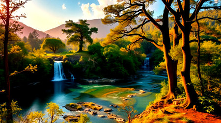Waterfall in the forest at sunset. Beautiful summer landscape. Panoramaの写真素材