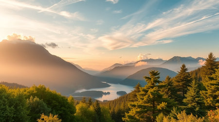 panoramic view of the lake in the mountains at sunset. beautiful landscapeの写真素材