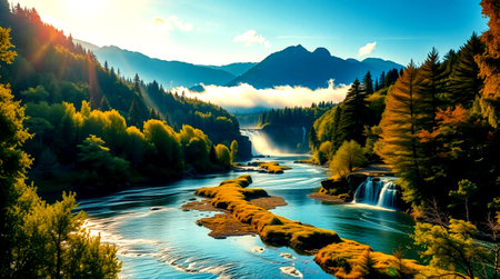 Autumn view of the mountain river. Beautiful landscape with high waterfalls.