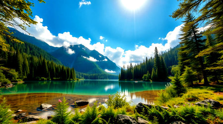 Beautiful lake in the mountains. The lake is located in the mountains.の写真素材