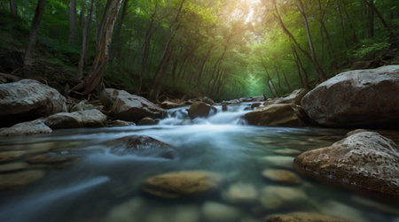 Waterfall in the green forest. Long exposure. Soft focus.の写真素材