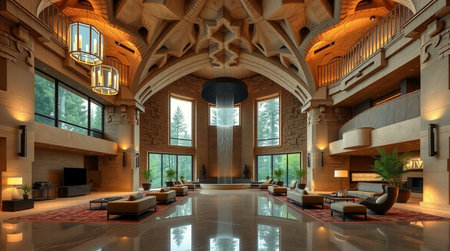 3D CG rendering of Modern building hallway with wood floor and ceiling