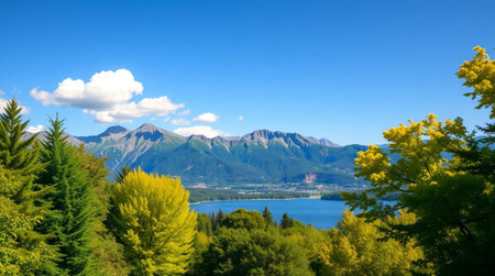 Mountain landscape with lake, forest and blue sky with clouds.の写真素材