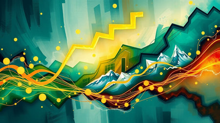 Abstract colorful background with cityscape and mountains. 3d illustration.の写真素材