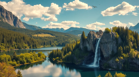 Beautiful summer landscape with waterfall and lake in the mountains. Toned.