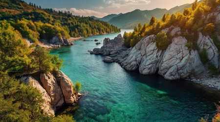 Panoramic view of the turquoise water of the mountain river.の写真素材