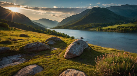Panoramic view of the lake and mountains at sunset. Beautiful summer landscape.