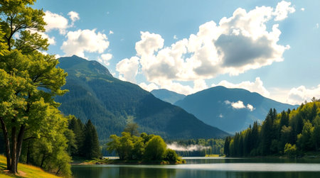 Beautiful summer landscape with lake and mountains in the background, Bavaria, Germanyの写真素材