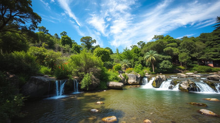 Waterfall in the park. Beautiful landscape with a waterfall in the park.の写真素材