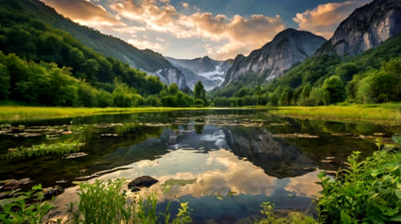 Panoramic view of a mountain lake with reflection in the water
