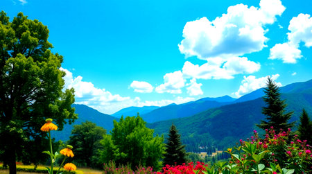 Beautiful mountain landscape with flowers and blue sky with clouds in summer