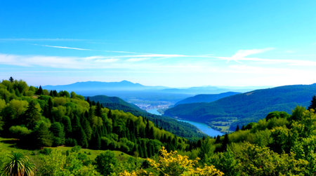 Mountain landscape. View of the lake and the blue sky.の写真素材