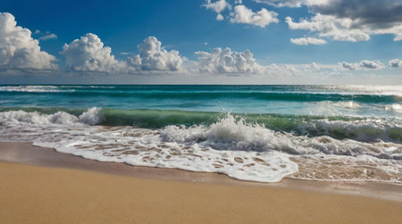 Beautiful seascape with blue sky, white clouds and waves.