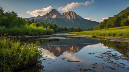 Panoramic view of a mountain river and blue sky with cloudsの写真素材