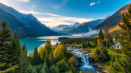Panoramic view of beautiful Lake Louise in Banff National Park, Alberta, Canadaの写真素材