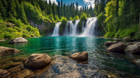 Beautiful waterfall in the mountains of Kyrgyzstan. Panoramaの写真素材