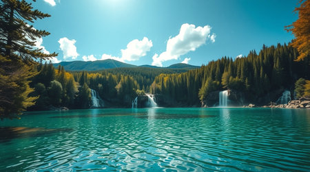 Beautiful view of a mountain lake with a waterfall in the backgroundの写真素材