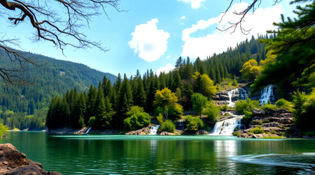 Beautiful mountain lake with clear water and green forest in the background