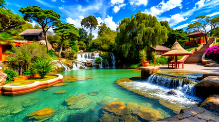 Waterfall in the park. Beautiful view of the tropical garden.の写真素材