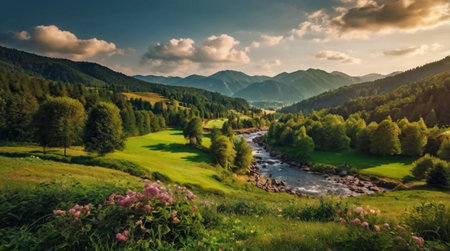 Landscape with a mountain river in the Carpathians, Ukraineの写真素材