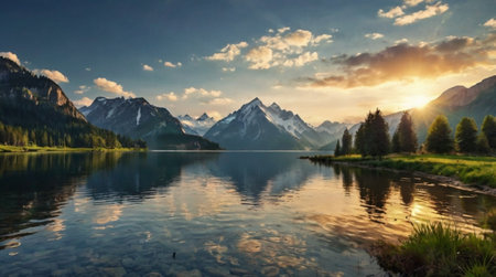 Mountain lake at sunset. Panoramic view of the lake.