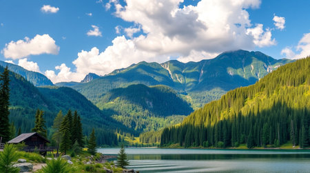 Panoramic view of alpine lake with mountains and forest on background