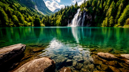 Panoramic view of beautiful lake and waterfall in Austrian Alps.の写真素材