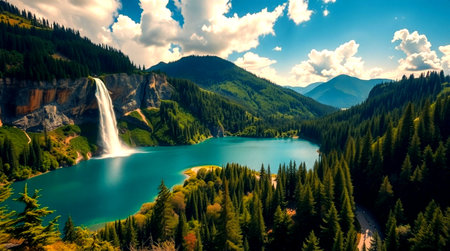 Beautiful view of the waterfall and the lake in the mountains.