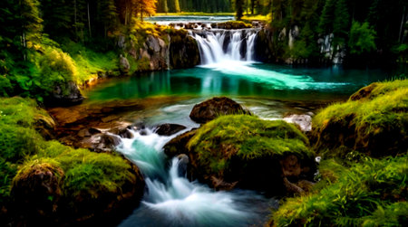 Panoramic view of the beautiful waterfall in the forest. Long exposureの写真素材