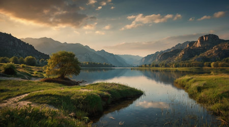Landscape with a lake in the mountains at sunset. HDR imageの写真素材