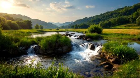 Beautiful summer landscape with mountain river and green meadow at sunsetの写真素材