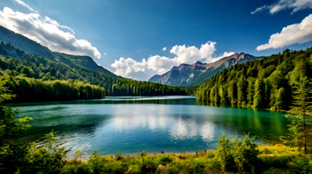 panoramic view of alpine lake in summer, italyの写真素材