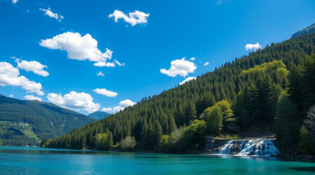 Beautiful mountain lake with clear water and blue sky with clouds.の写真素材
