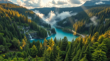 Aerial view of beautiful turquoise lake and forest in the mountains