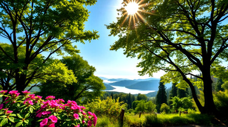 Beautiful spring landscape with rhododendron flowers and sunの写真素材