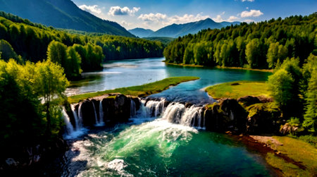 Waterfall in the Altai mountains. Summer landscape.