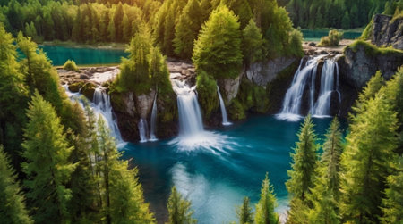 Aerial view of beautiful waterfall in the forest. Summer landscape with waterfalls.の写真素材