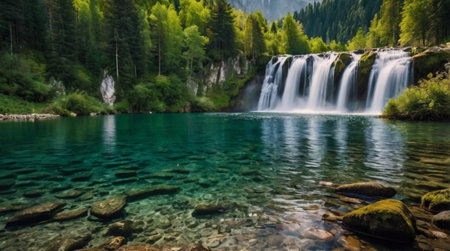 Beautiful waterfall in the mountains. Concept of active and photo tourism