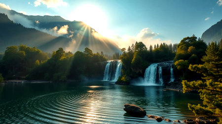 waterfall in the mountains at sunset, photo as a background, digital image
